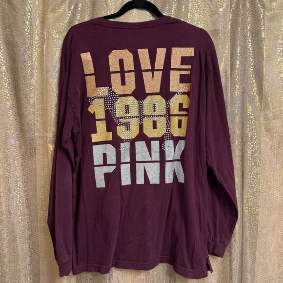 PINK Victorias Secret Maroon Rhinestone Glitter Campus Long Sleeve Top Large - Picture 1 of 8